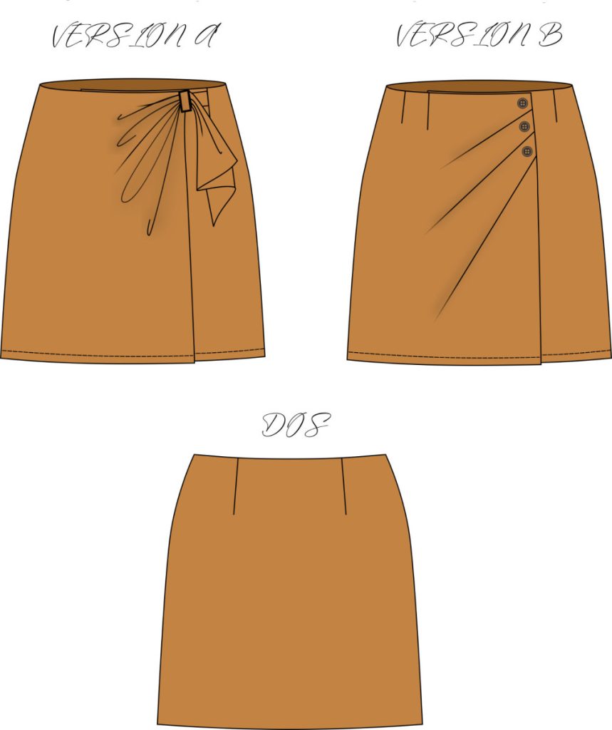 Schéma technique du patron de couture Satine jupe portefeuille sewing 